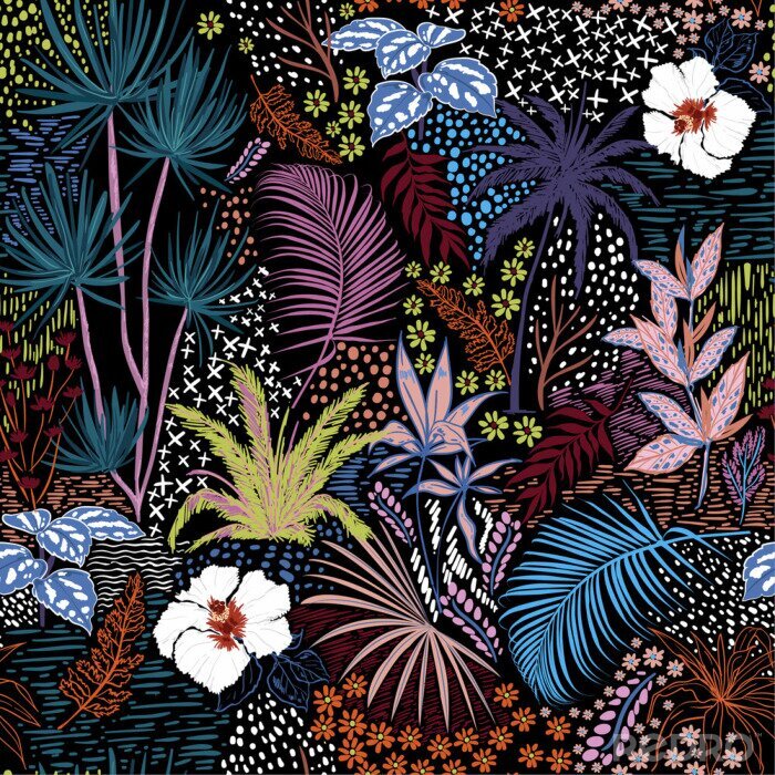 Papier peint à motif  Palmiers colorés et plantes tropicales