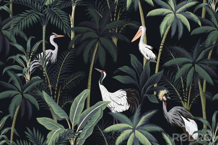 Papier peint à motif  Palmiers et oiseaux