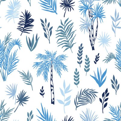 Papier peint à motif  Palmiers - feuilles dans les tons de bleu