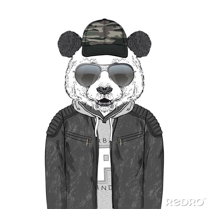 Papier peint à motif  Panda à lunettes noires et une casquette de baseball