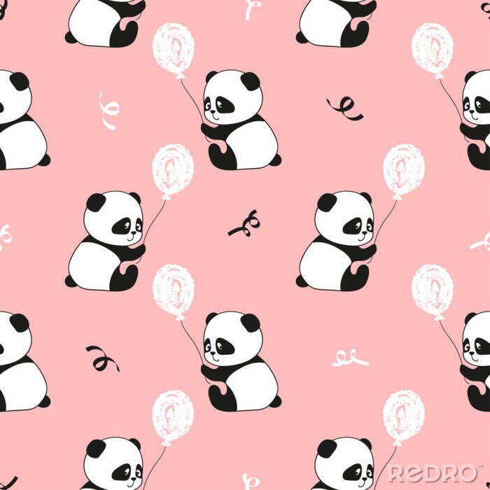 Papier peint à motif  Panda avec un ballon sur un fond rose
