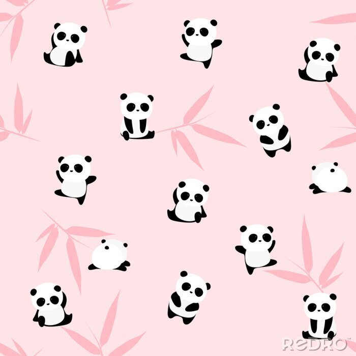 Papier peint à motif  Panda parmi les feuilles de bambou roses