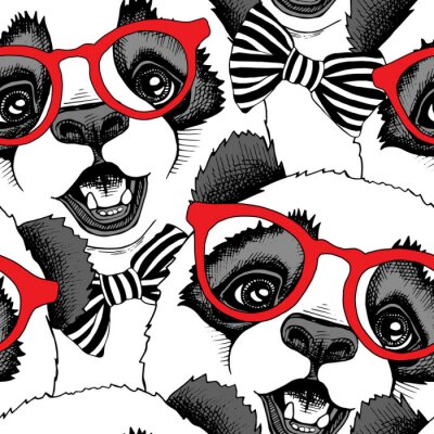 Papier peint à motif  Pandas à lunettes rouges
