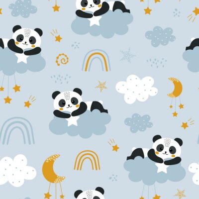 Pandas allongés sur des nuages