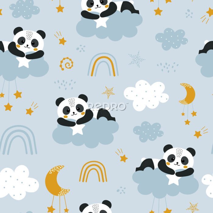 Papier peint à motif  Pandas allongés sur des nuages