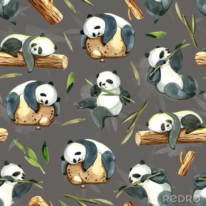 Papier peint à motif  Pandas aquarelles avec bambous