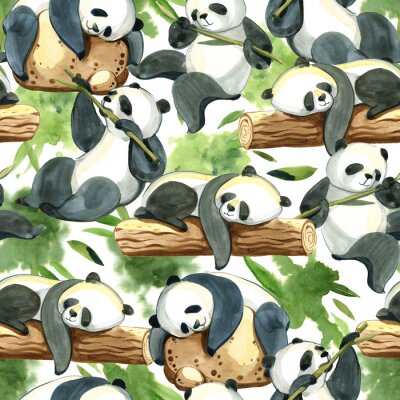 Papier peint à motif  Pandas aquarelles avec du bambou sur l'arbre
