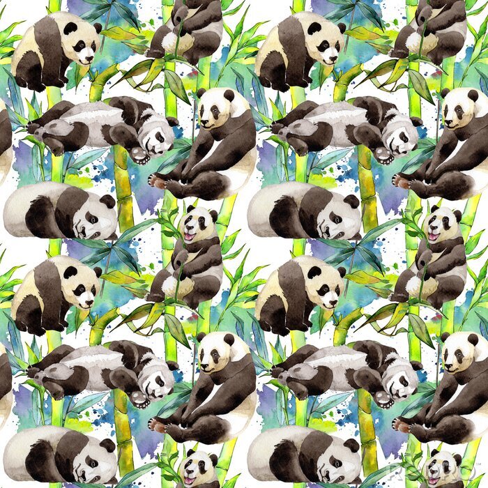 Papier peint à motif  Pandas aquarelles dans une forêt de bambous