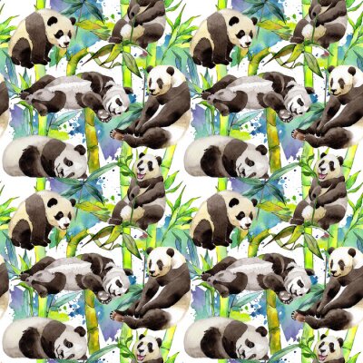 Papier peint à motif  Pandas aquarelles dans une forêt de bambous