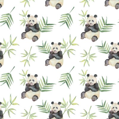 Papier peint à motif  Pandas aquarelles et feuilles tropicales vertes