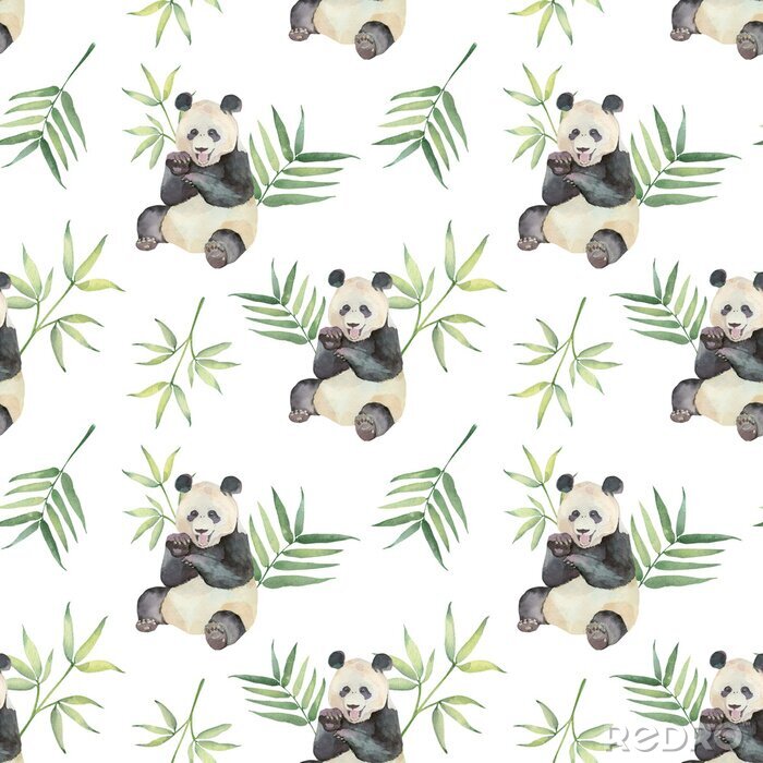 Papier peint à motif  Pandas aquarelles et feuilles tropicales vertes