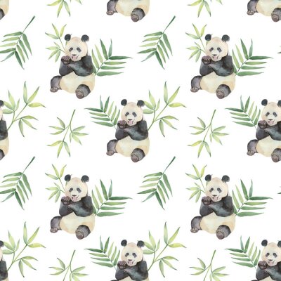 Papier peint à motif  Pandas aquarelles et feuilles tropicales vertes