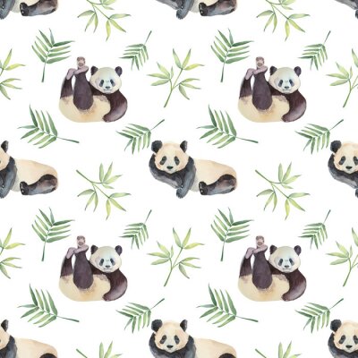 Papier peint à motif  Pandas aquarelles parmi les feuilles tropicales