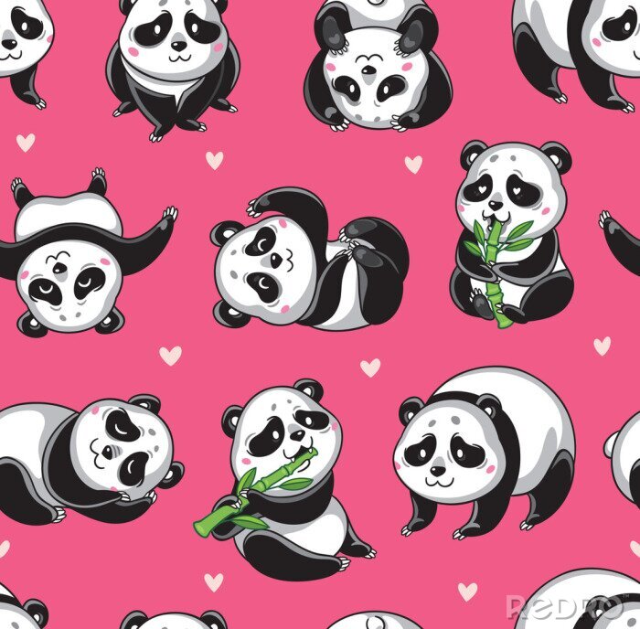 Papier peint à motif  Pandas avec bambou sur fond rose