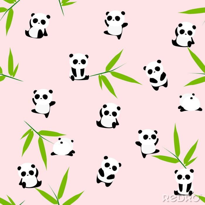 Papier peint à motif  Pandas avec bambous sur fond rose