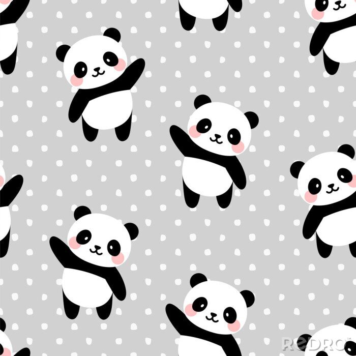 Papier peint à motif  Pandas de style scandinave sur fond gris