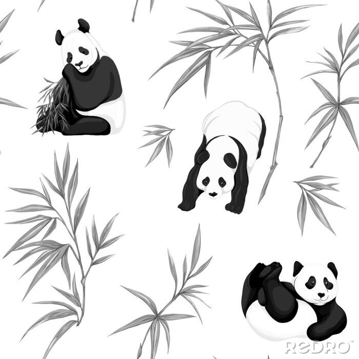 Papier peint à motif  Pandas et brindilles de bambou modèle sans couture noir et blanc