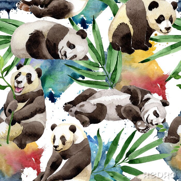 Papier peint à motif  Pandas et feuilles vertes sur fond aquarelle