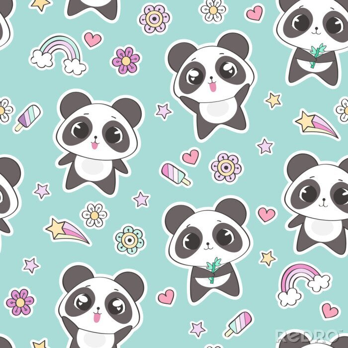 Papier peint à motif  Pandas et fleurs mignons