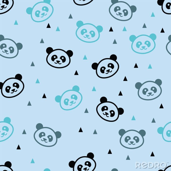 Papier peint à motif  Pandas et triangles sur fond bleu