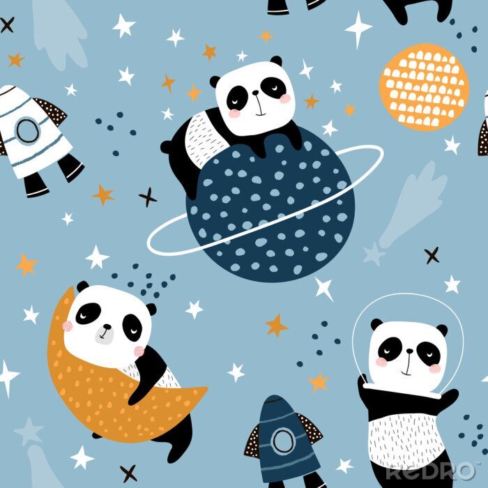 Papier peint à motif  Pandas mignons dans l'espace