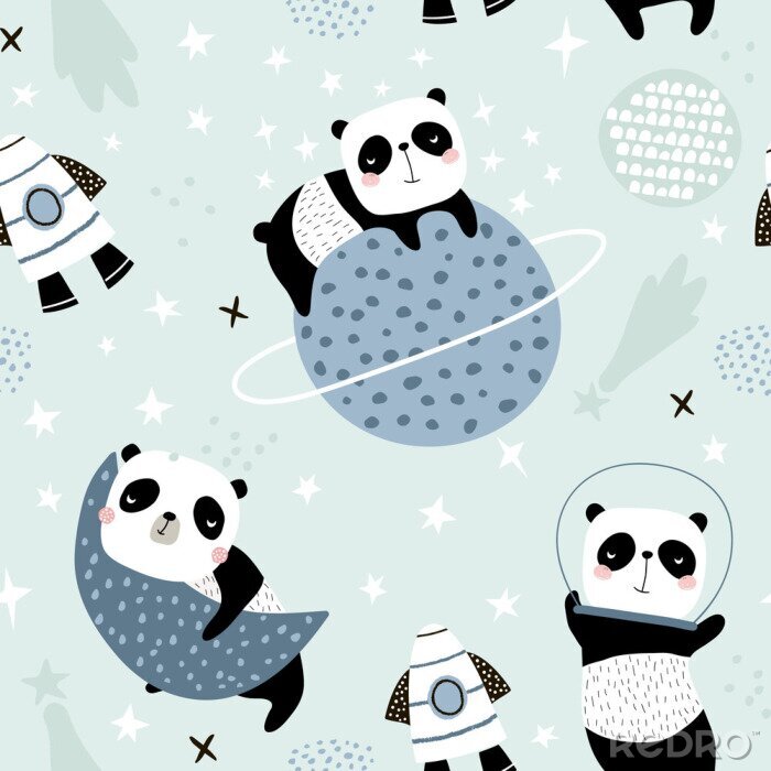 Papier peint à motif  Pandas mignons dans l'espace pour les enfants