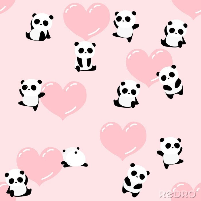 Papier peint à motif  Pandas mignons et coeurs sur fond rose