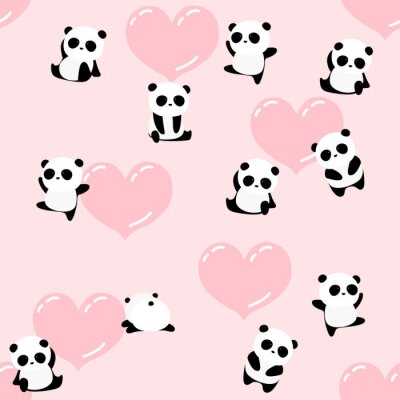 Papier peint à motif  Pandas mignons et coeurs sur fond rose