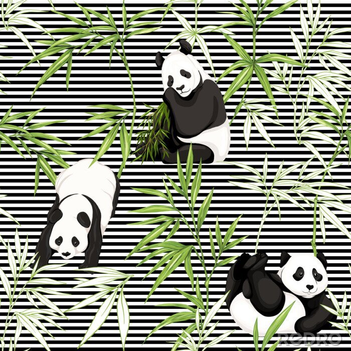 Papier peint à motif  Pandas noirs et blancs parmi les feuilles de bambou