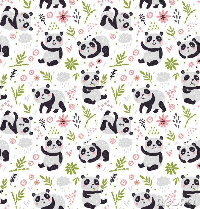 Papier peint à motif  Pandas parmi les plantes vertes