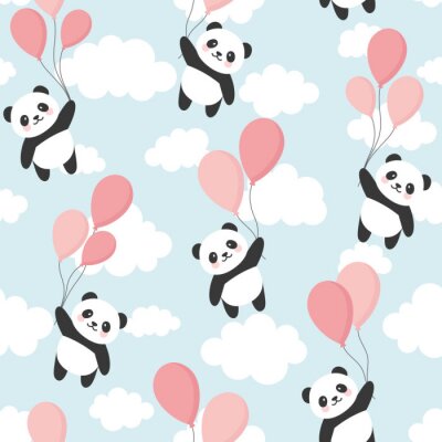 Pandas qui volent dans le ciel avec des ballons roses