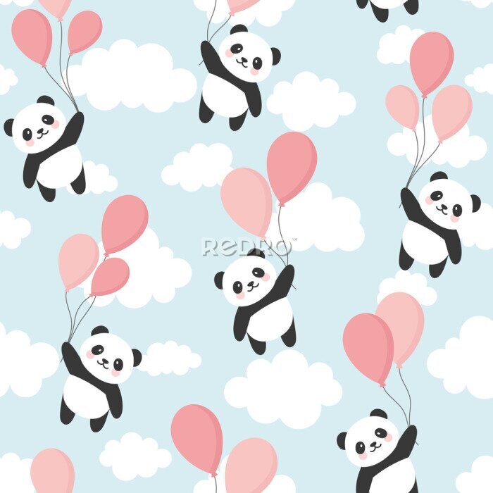 Papier peint à motif  Pandas qui volent dans le ciel avec des ballons roses