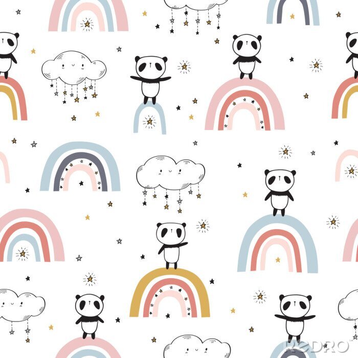 Papier peint à motif  Pandas sur des arcs-en-ciel colorés parmi les nuages