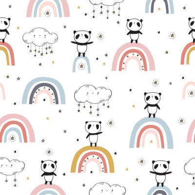 Papier peint à motif  Pandas sur des arcs-en-ciel colorés parmi les nuages