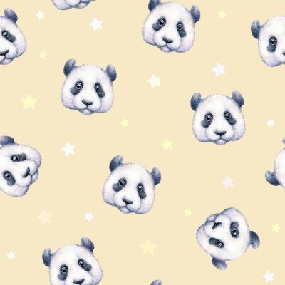 Papier peint à motif  Pandas sur fond beige. Modèle sans soudure. Dessin d'aquarelle. Illustration d'enfants. Travail manuel