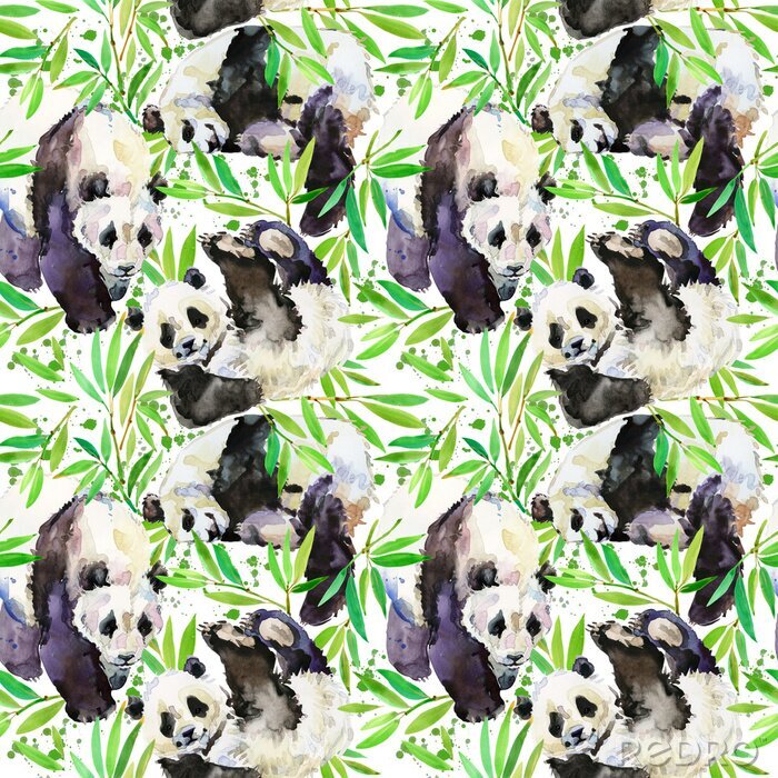 Papier peint à motif  Pandas sur fond de feuillage vert