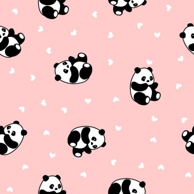 Papier peint à motif  Pandas sur fond rose avec des coeurs