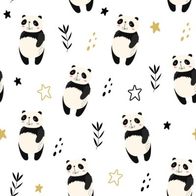 Papier peint à motif  Pandas sur un fond étoilé de style scandinave