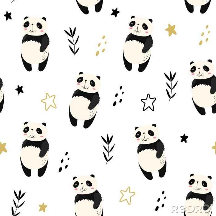 Papier peint à motif  Pandas sur un fond étoilé de style scandinave