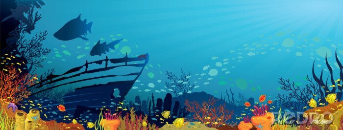 Papier peint à motif  Panorama graphique d'un récif corallien océanique