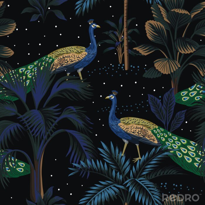 Papier peint à motif  Paons parmi les tropiques la nuit