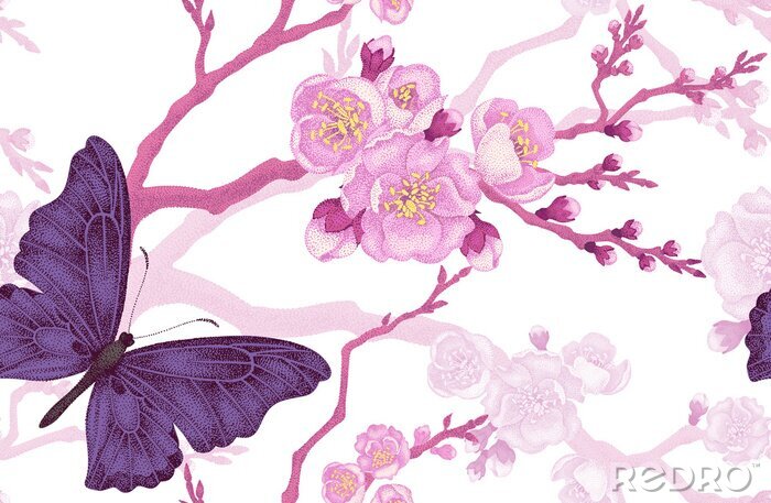 Papier peint à motif  Papillon sur une fleur rose avec des brindilles