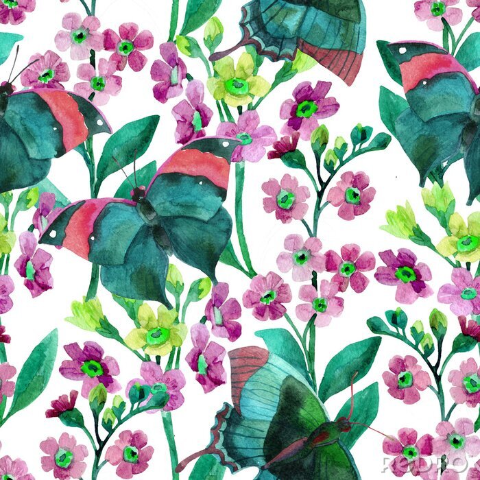 Papier peint à motif  Papillon sur une fleur violette et verte