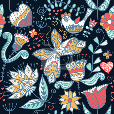 Papier peint à motif  Papillons à motifs fleurs et oiseaux