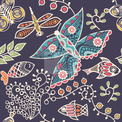 Papier peint à motif  Papillons à motifs poissons et plantes