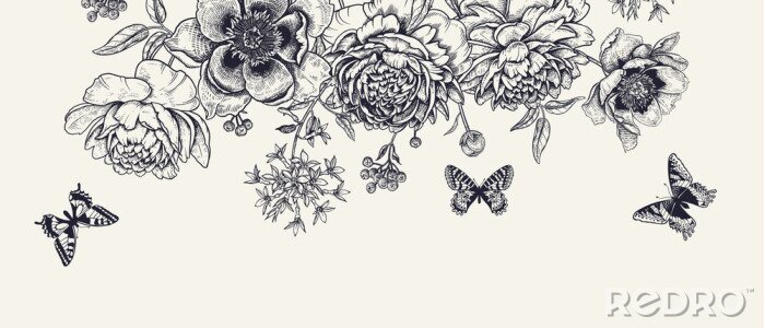 Papier peint à motif  Papillons au milieu de fleurs de pivoine dans un style vintage