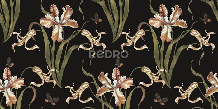Papier peint à motif  Papillons au milieu de tulipes dans un style rétro