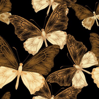Papier peint à motif  Papillons beiges sur fond noir
