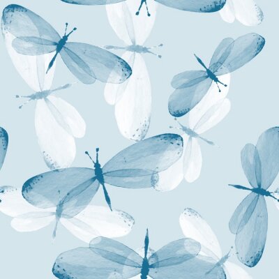 Papier peint à motif  Papillons blancs et bleus sur fond bleu
