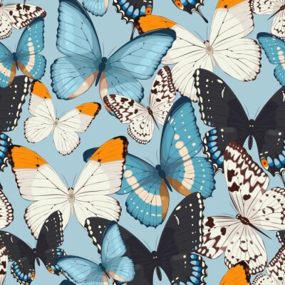 Papier peint à motif  Papillons blancs noirs et bleus